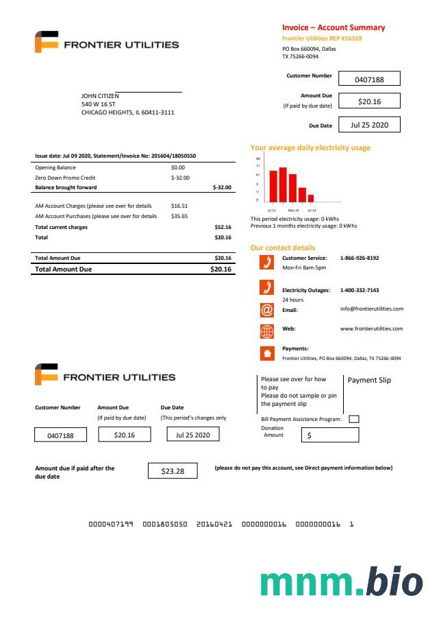 USA Texas Frontier Utilities rachunek za media szablon w formacie Word i PDF